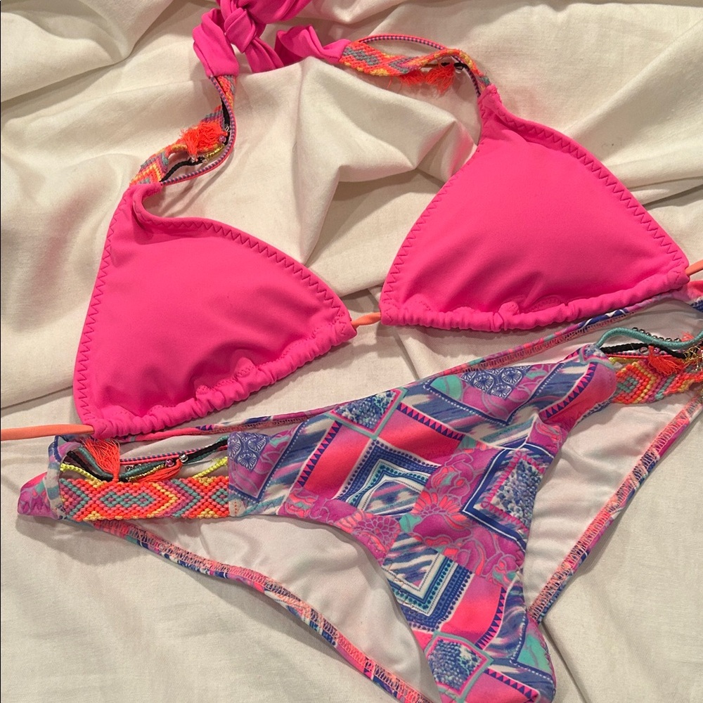 Victoria's Secret Beaded Trim Pink Top and Multicolor Bikini Bottom set Small